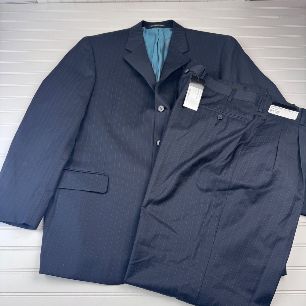 NEW ANDREW FEZZA Men's 2Pc Suit 44R 38W 100% Worsted Wool Super 100 Navy
